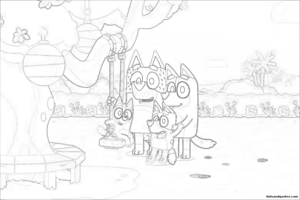 Bluey and her family enjoying a lovely day outside near a big swing set.