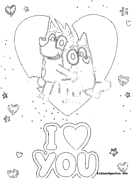 Bluey Valentine's coloring page featuring a heartwarming hug between Bluey and Bingo, capturing their sweet sibling bond.