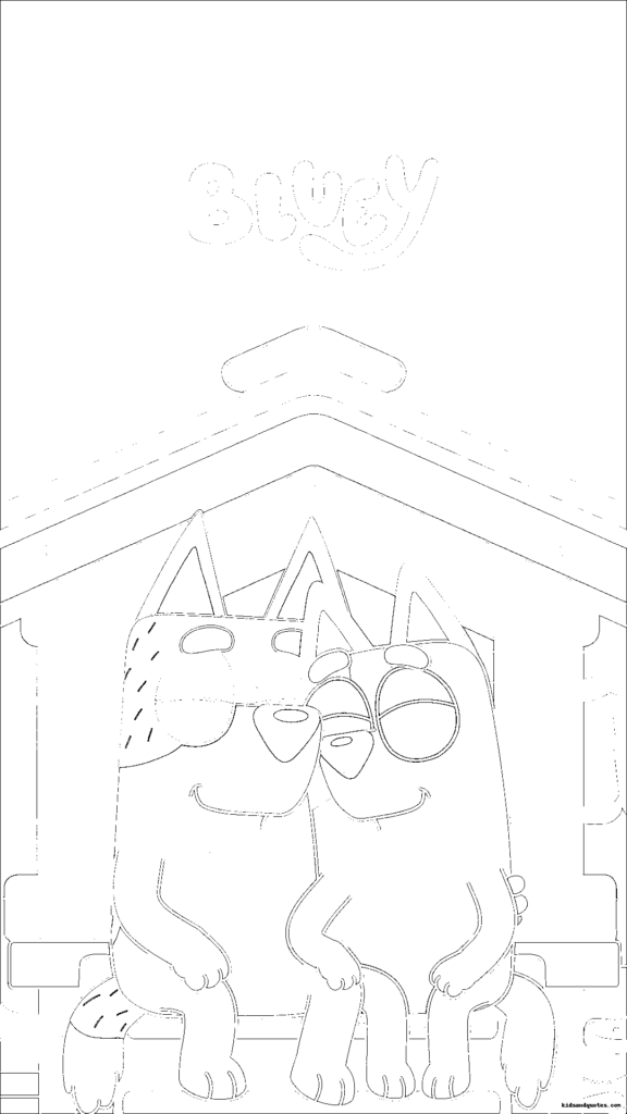 Bluey Valentine's coloring page showcasing Bandit and Chilli sitting together on a cozy bench, leaning into each other with relaxed and loving expressions.