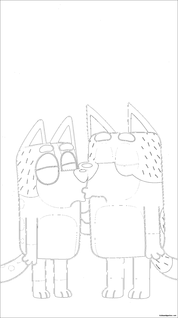 Bluey Valentine's coloring page featuring Bandit and Chilli sharing a sweet, romantic moment, with Chilli playfully giving Bandit a kiss on the nose.