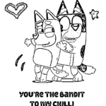 Bluey Valentine's coloring page featuring Bandit and Chilli, the beloved Heeler parents from the Bluey series.