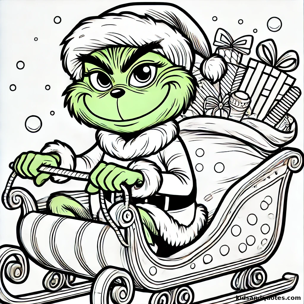 Grinch dressed as Santa seated in a sled.