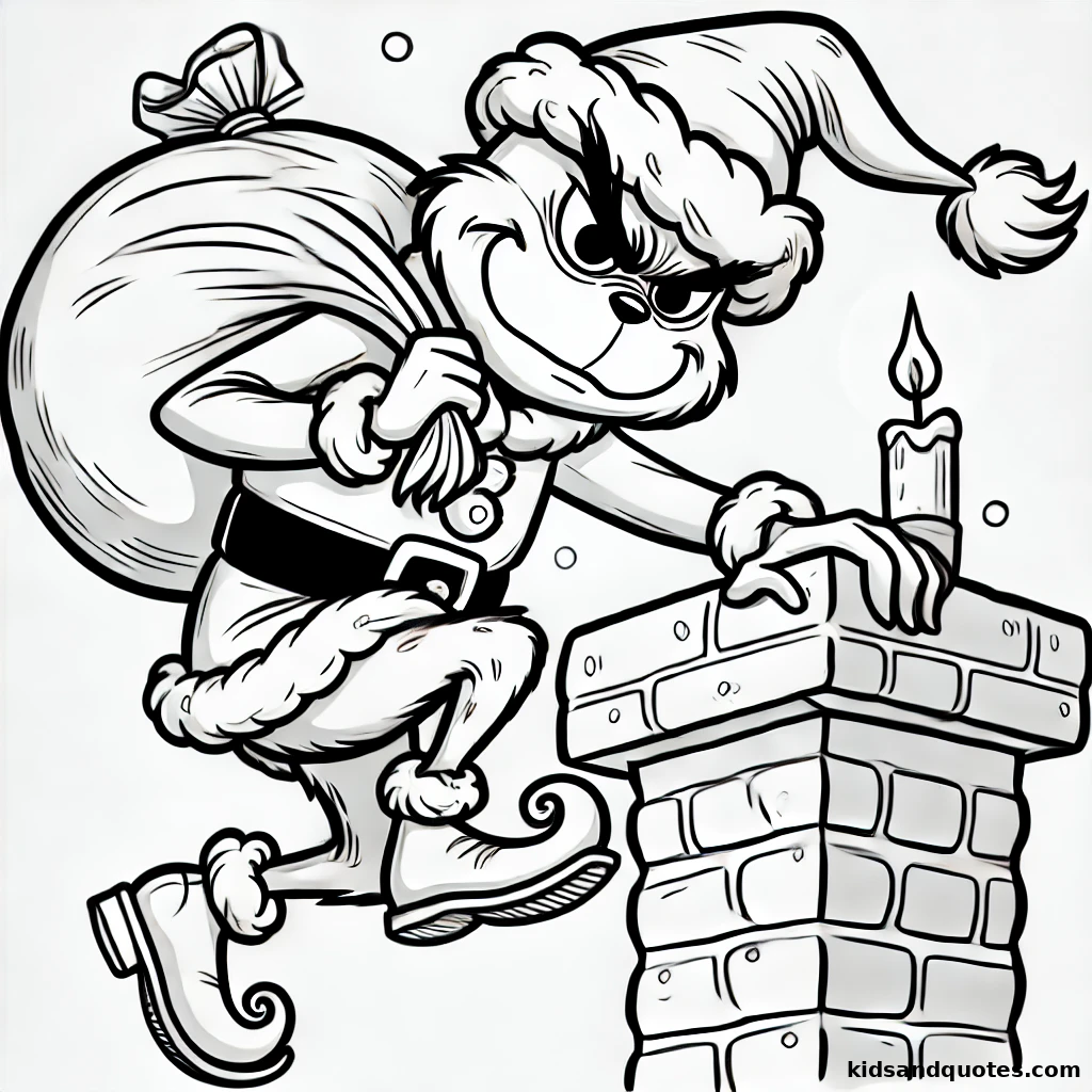 Grinch dressed as Santa, jumping over a wall - free coloring page PDF.