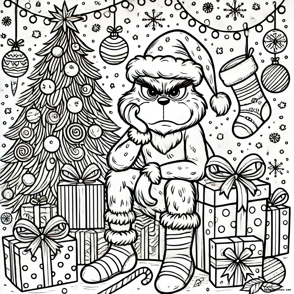 Grinch in a festive background, siting with gift boxes around - free printable coloring page.