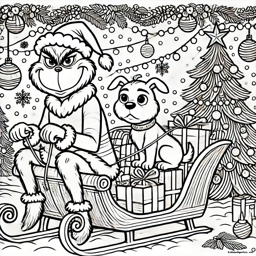 Grinch in a festive background with Christmas trees riding on a sledge with his dog Max.