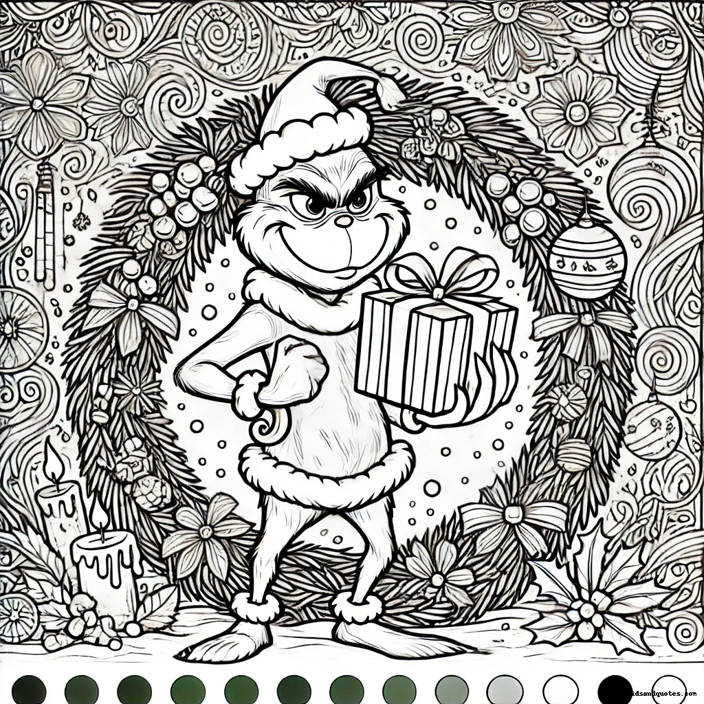 Grinch in a festive background holding gift box. 