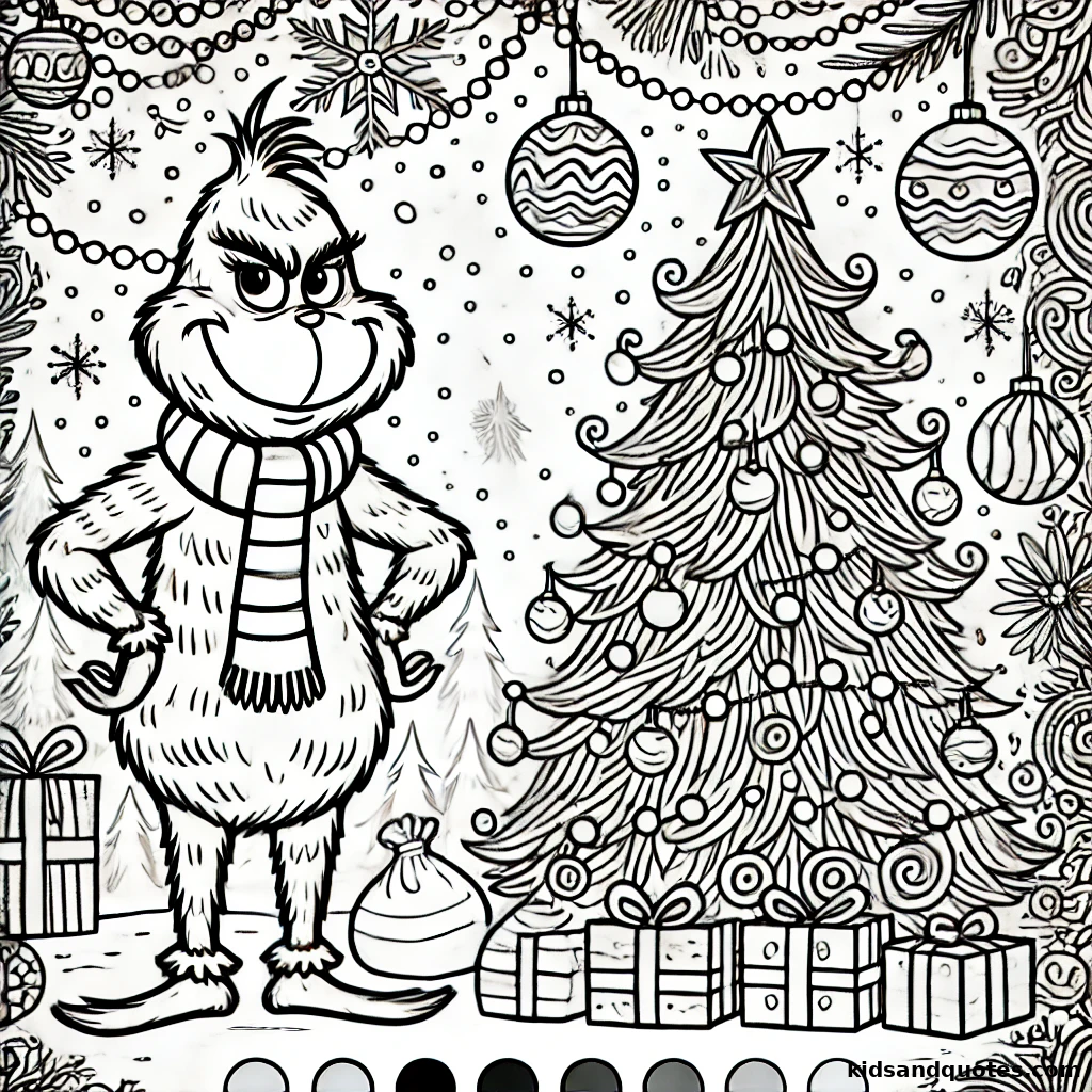 Grinch in a festive background with Christmas trees and gifts.