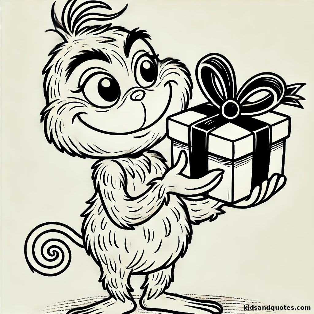 The Grinch holding a small, square gift box with a bow, surrounded by simple lines.