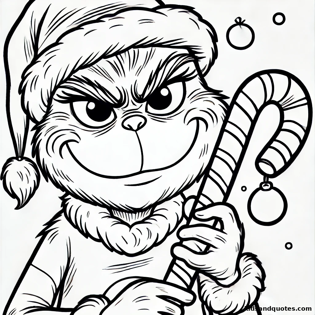 Grinch holding a large candy cane, with minimal background for easier coloring.