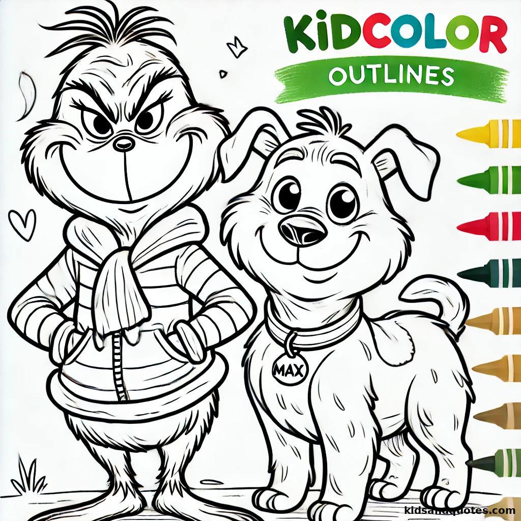 The Grinch standing beside Max, both drawn in simple, bold outlines with large areas for coloring.