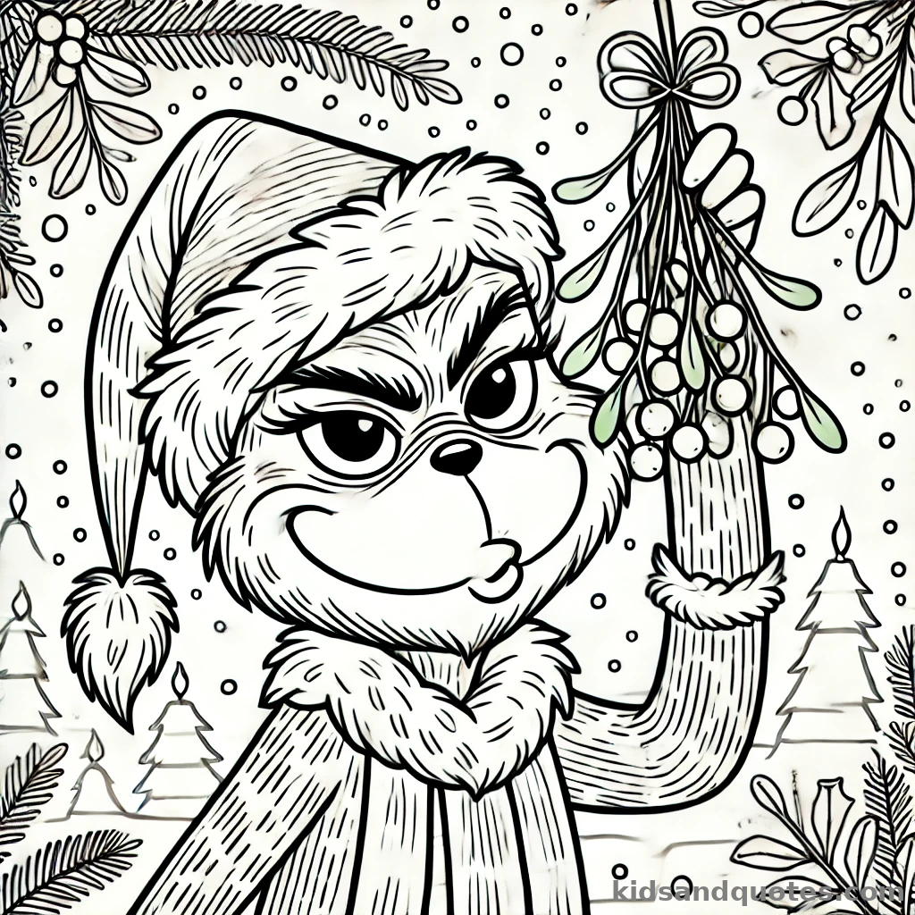 Grinch standing with a mischievous grin, holding a sprig of Mistletoe.
