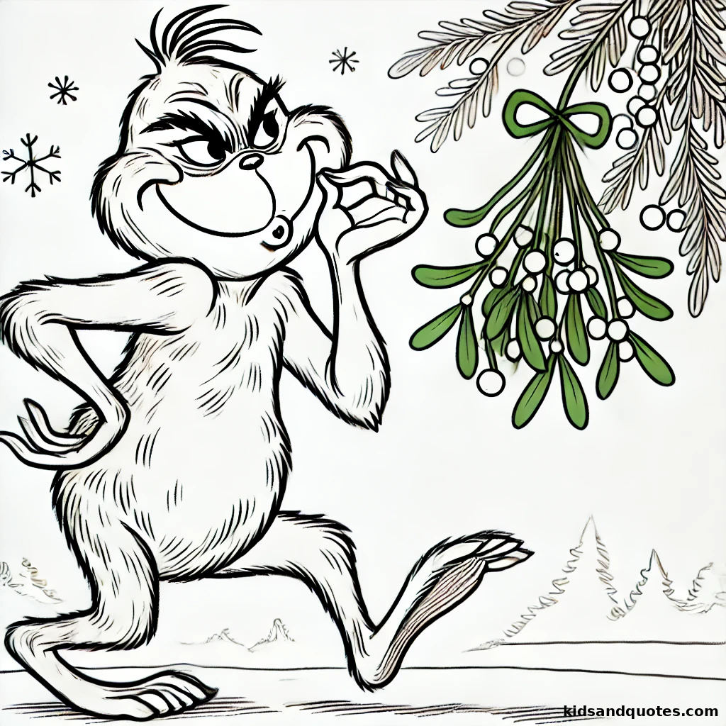 Grinch Sneaking with MistletoeA playful scene of the Grinch tiptoeing with a mistletoe sprig in his hand, as if he's up to some holiday mischief.