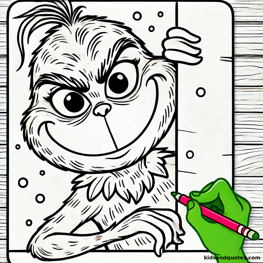 The Grinch peeking mischievously over a short wall, with his iconic eyes and smile visible.