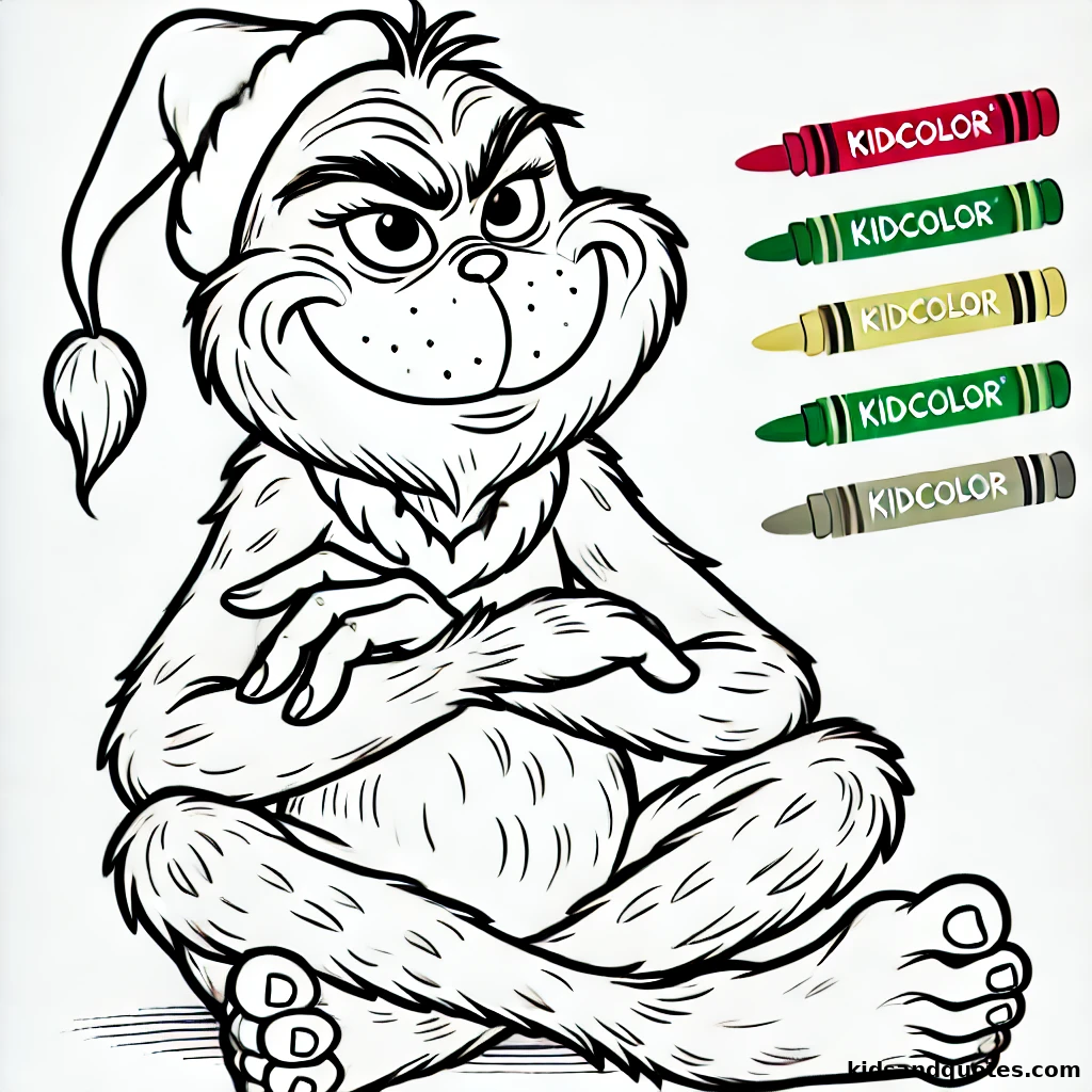 The Grinch sitting cross-legged, looking thoughtful but approachable, drawn in a simple and easy-to-fill style.