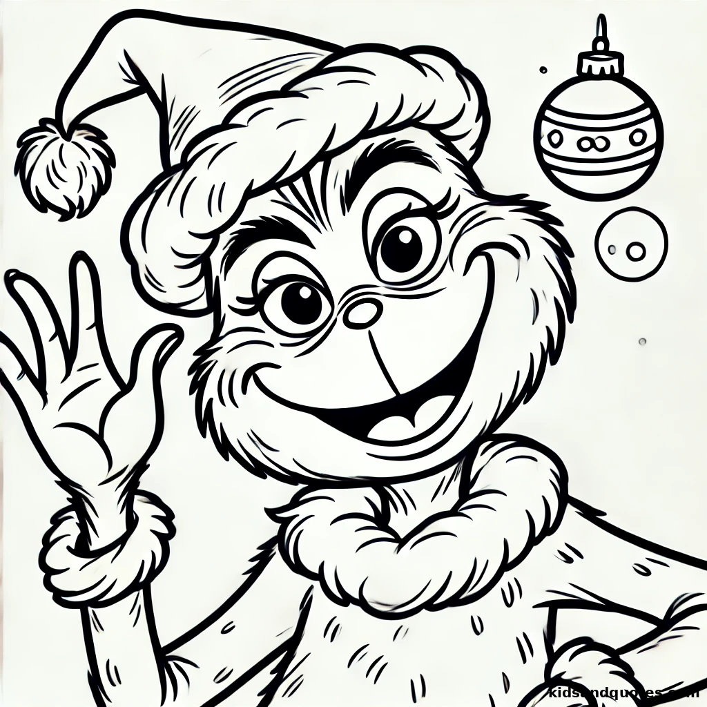 Grinch waving one hand, set against a plain background for beginner colorers.  