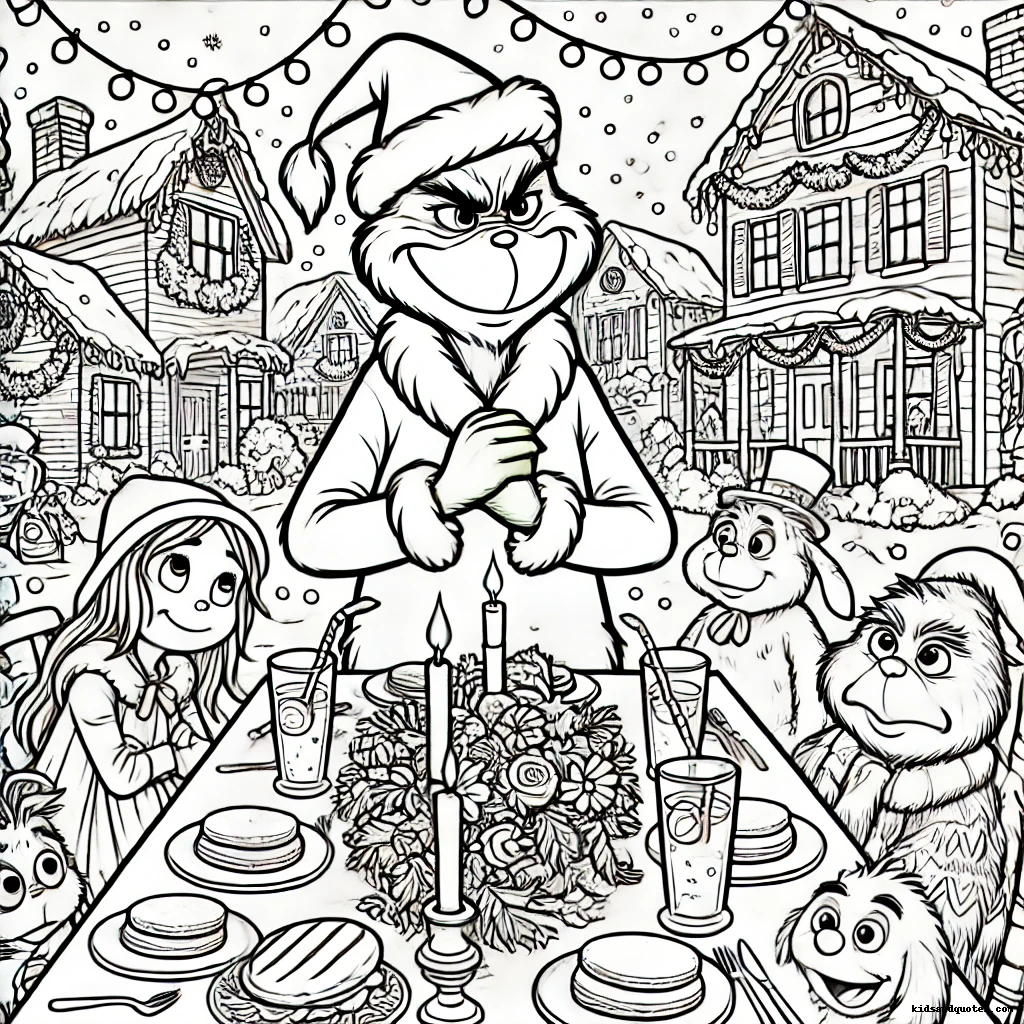 Grinch at a dinner table, in Whoville celebrations.