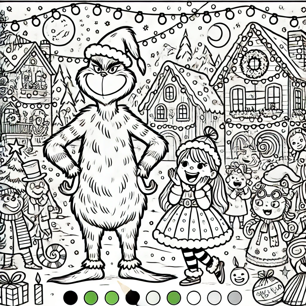 Grinch surround by children in Whoville celebrations - free coloring page for kids.