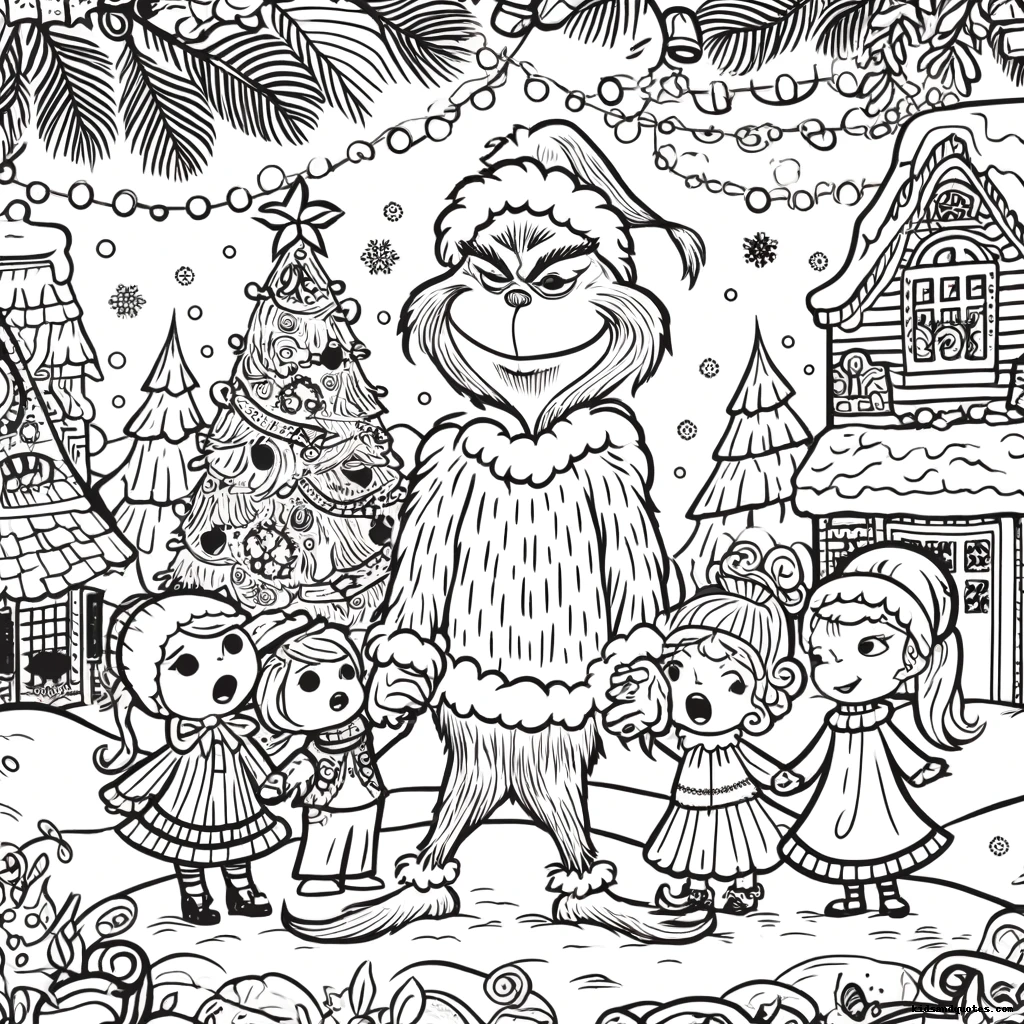 Grinch in Whoville celebrations with children - easy and full-size coloring page.