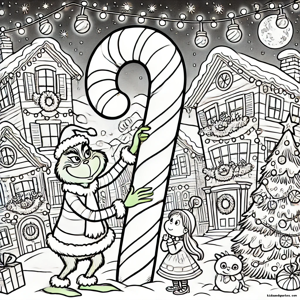 Grinch in Whoville celebrations holding a candy cane - free coloring page.