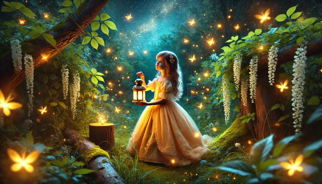 Princess Elara roaming around with her golden lantern at night with fireflies around - a bedtime story.