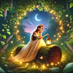 Princess Elara sitting with a golden lantern in her hands under the starry night sky.