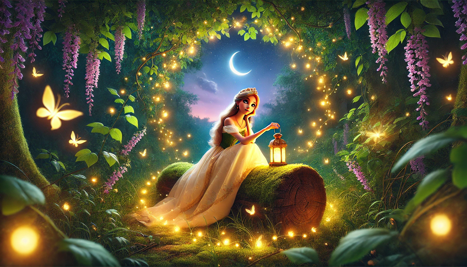 Princess Elara sitting with a golden lantern in her hands under the starry night sky.