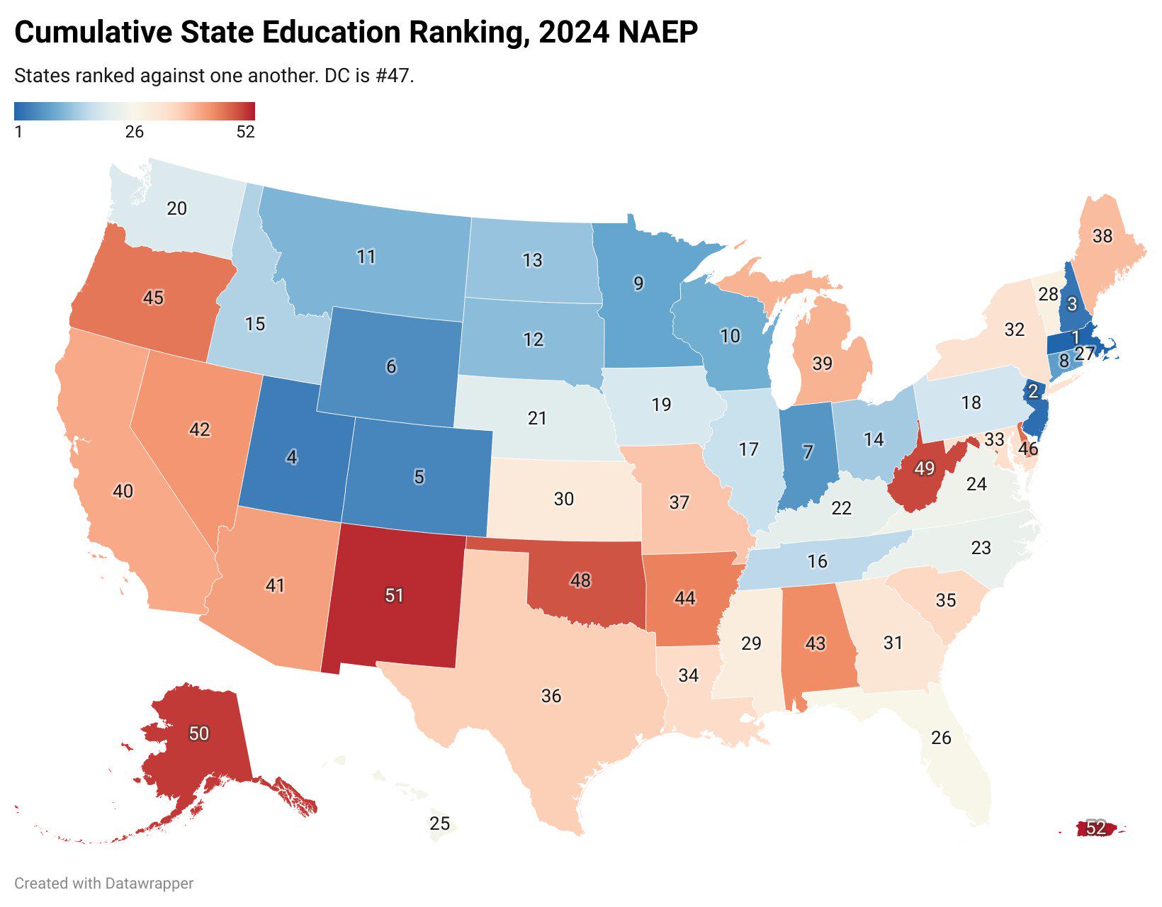 Color coded data map of NAEP 2024 rankings across the USA.