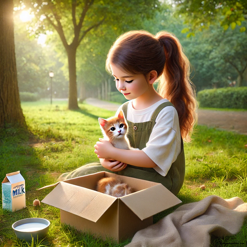 A little girl rescuing cat in the park and feeding it milk.