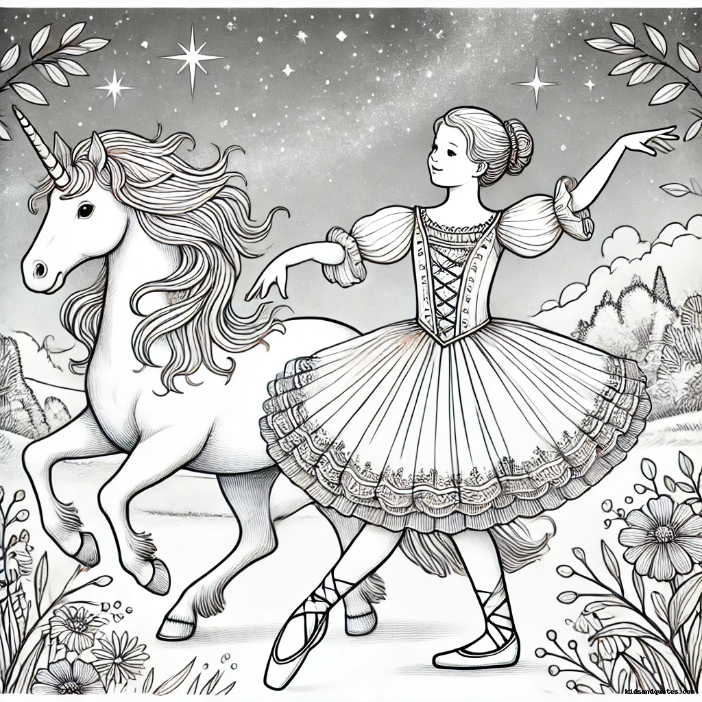 A graceful ballerina dances beside a majestic unicorn under a starry sky.