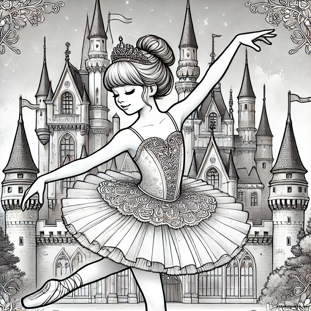 A graceful ballerina dancing in front of an enchanting castle.