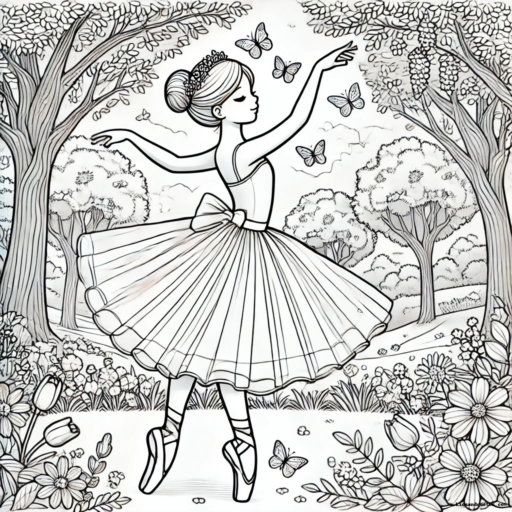 Ballerina, a graceful dancer twirls in a lush garden filled with flowers and fluttering butterflies.