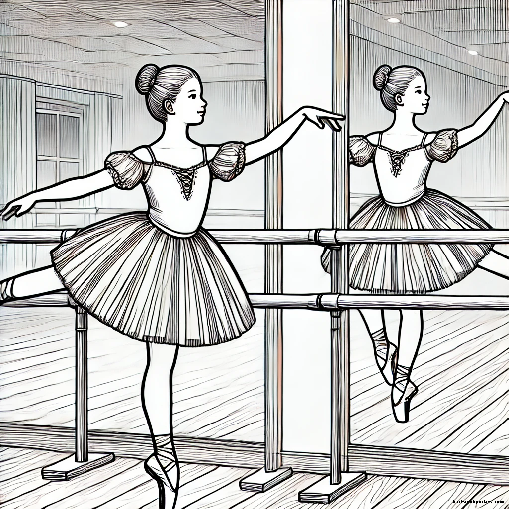 A young ballerina practicing at the barre, gracefully perfecting her posture.