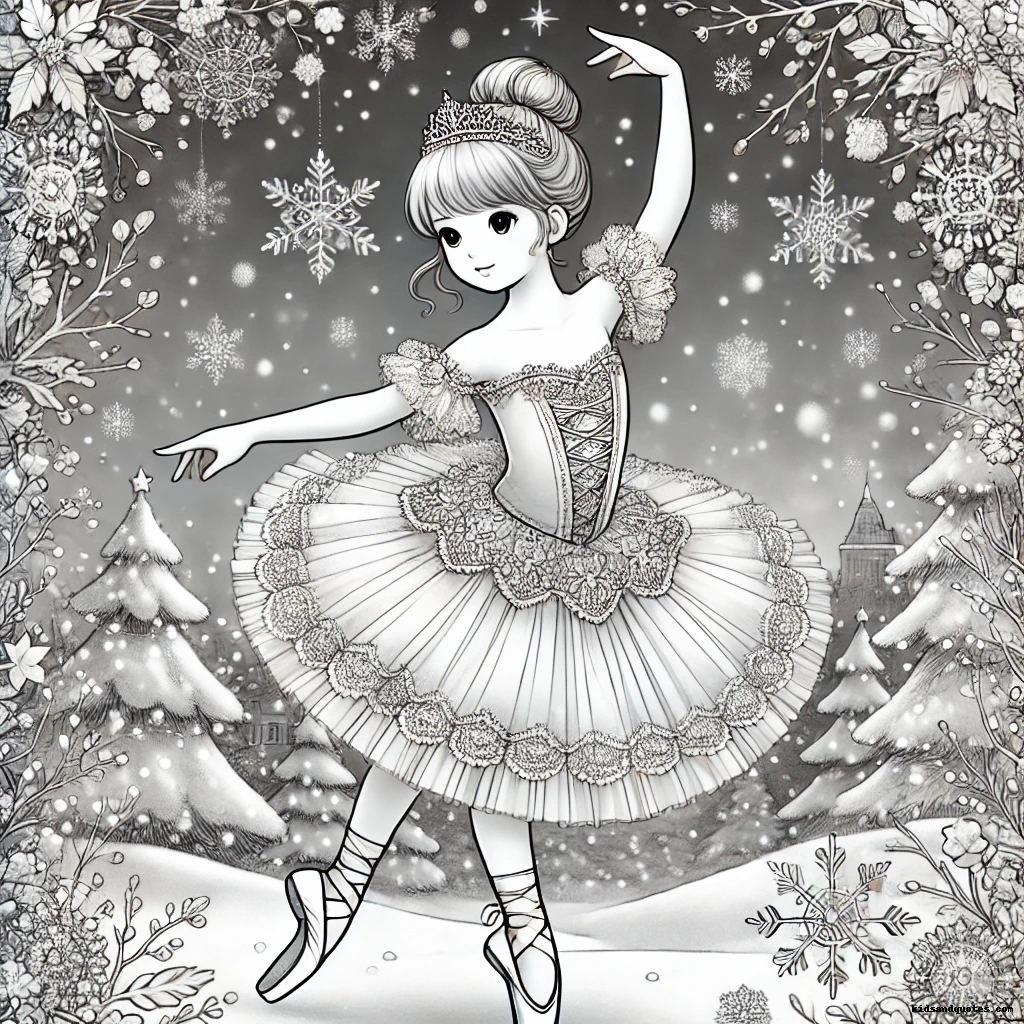 Dressed in an elegant tutu a graceful ballerina dances among swirling snowflakes.