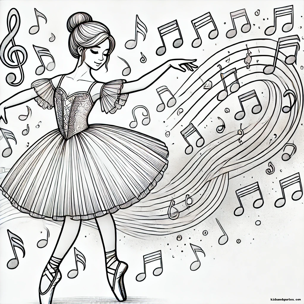 A graceful ballerina twirls amidst flowing musical notes.