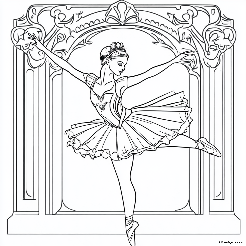 A graceful arabesque against an ornate, classical backdrop.