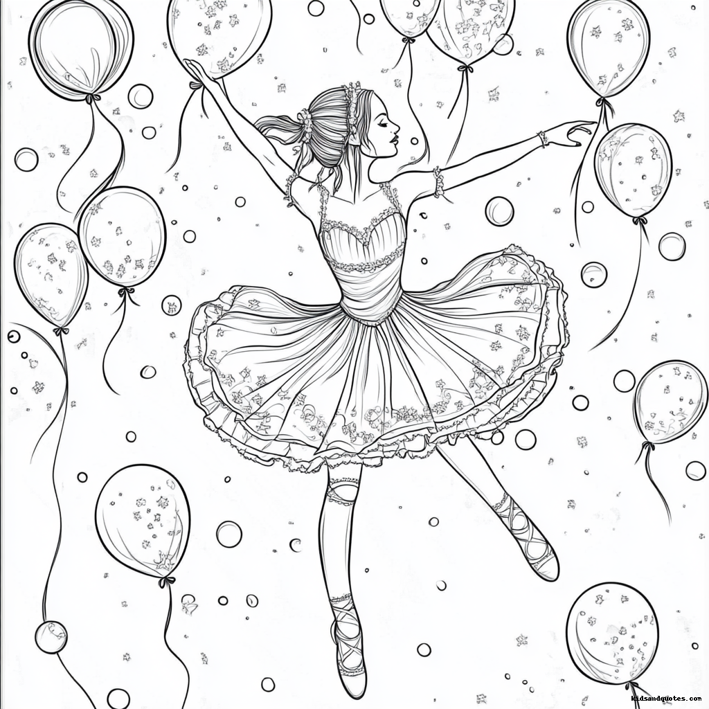 A graceful ballerina mid-dance, surrounded by floating balloons adorned with delicate patterns.