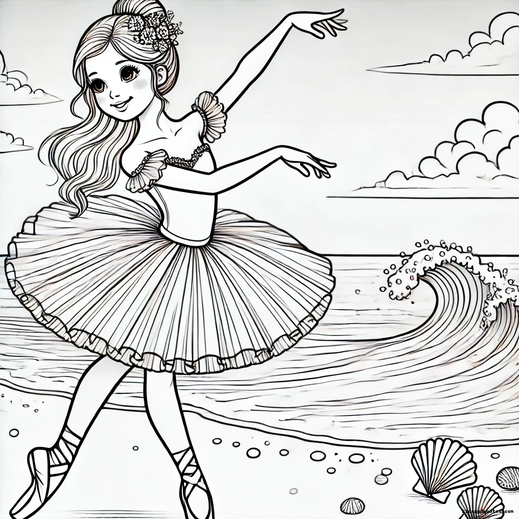 A ballerina dancing joyfully along the shoreline, her flowing tutu mirroring the movement of the ocean waves.