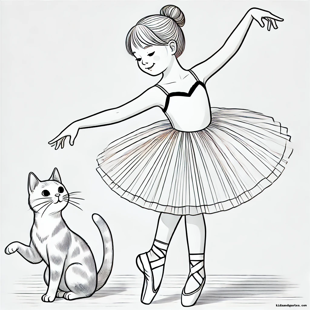 A ballerina gracefully dancing alongside an inquisitive cat, creating a playful and heartwarming scene.