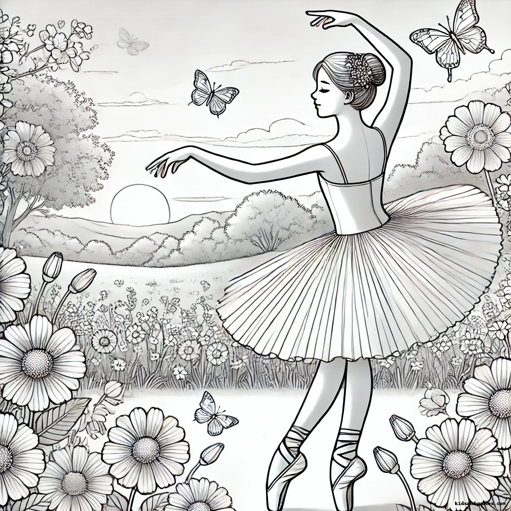 A ballerina twirls gracefully in a blooming flower field, her movements as delicate as the fluttering butterflies around her.