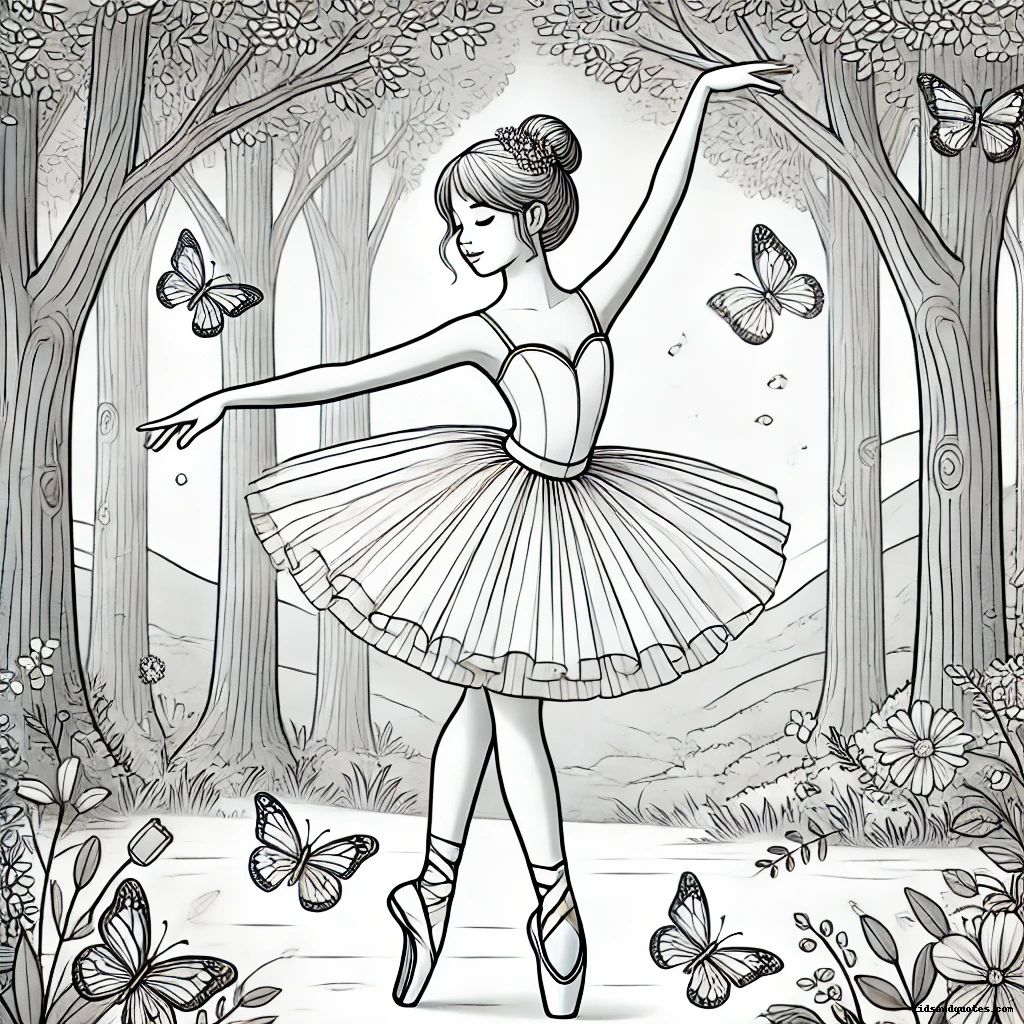 A Ballerina performing in a peaceful forest setting, surrounded by fluttering butterflies.