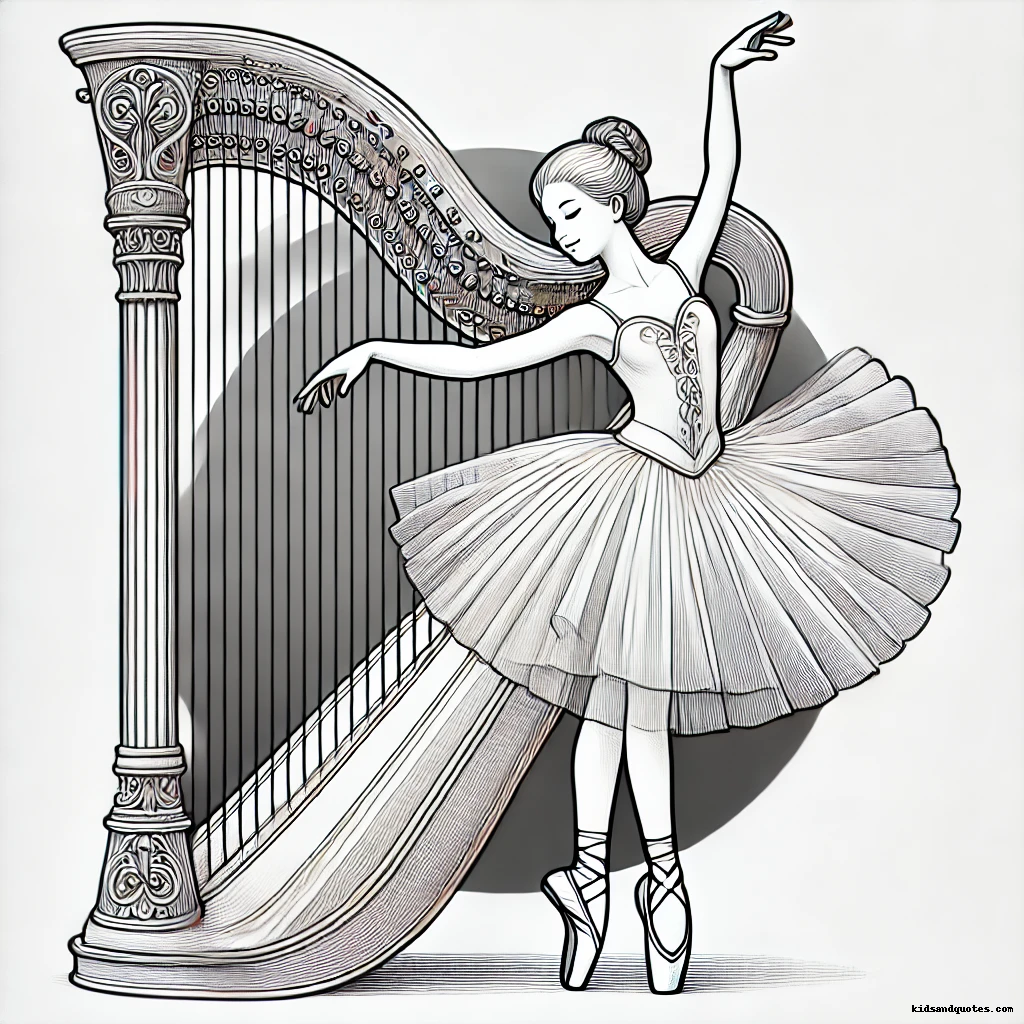 A ballerina in perfect harmony with an ornate harp, symbolizing the fusion of music and dance. 