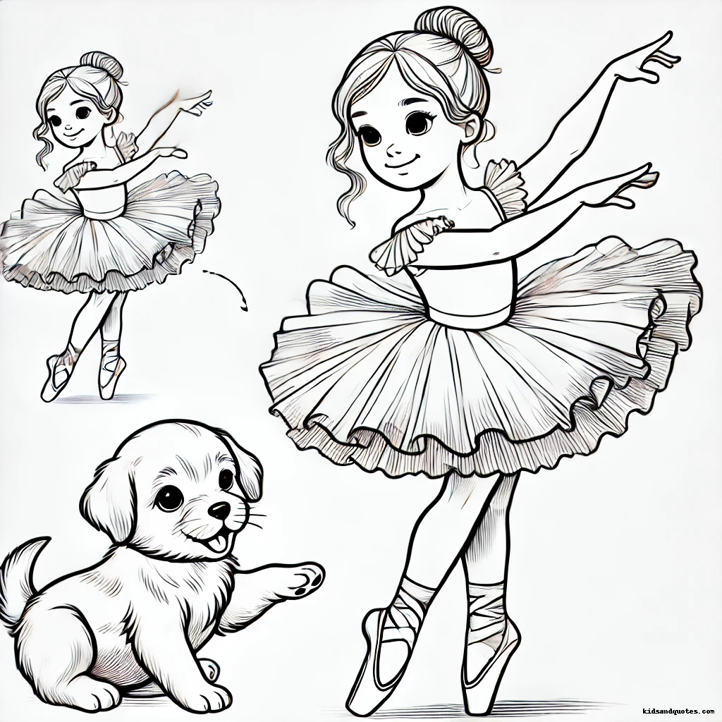 A young ballerina gracefully twirling while her playful puppy watches in delight.