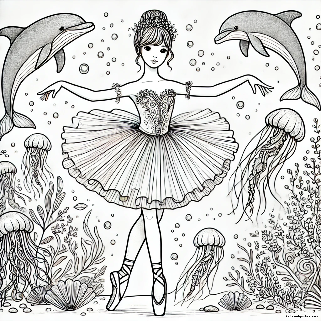 An enchanting ballerina floating effortlessly underwater, surrounded by playful dolphins and drifting jellyfish.