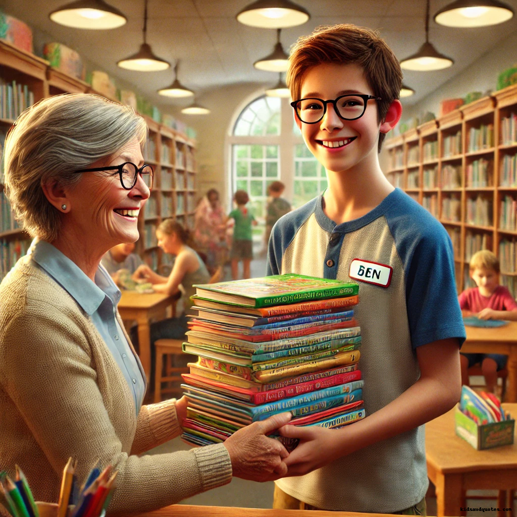 A boy donating books to the school librarian.