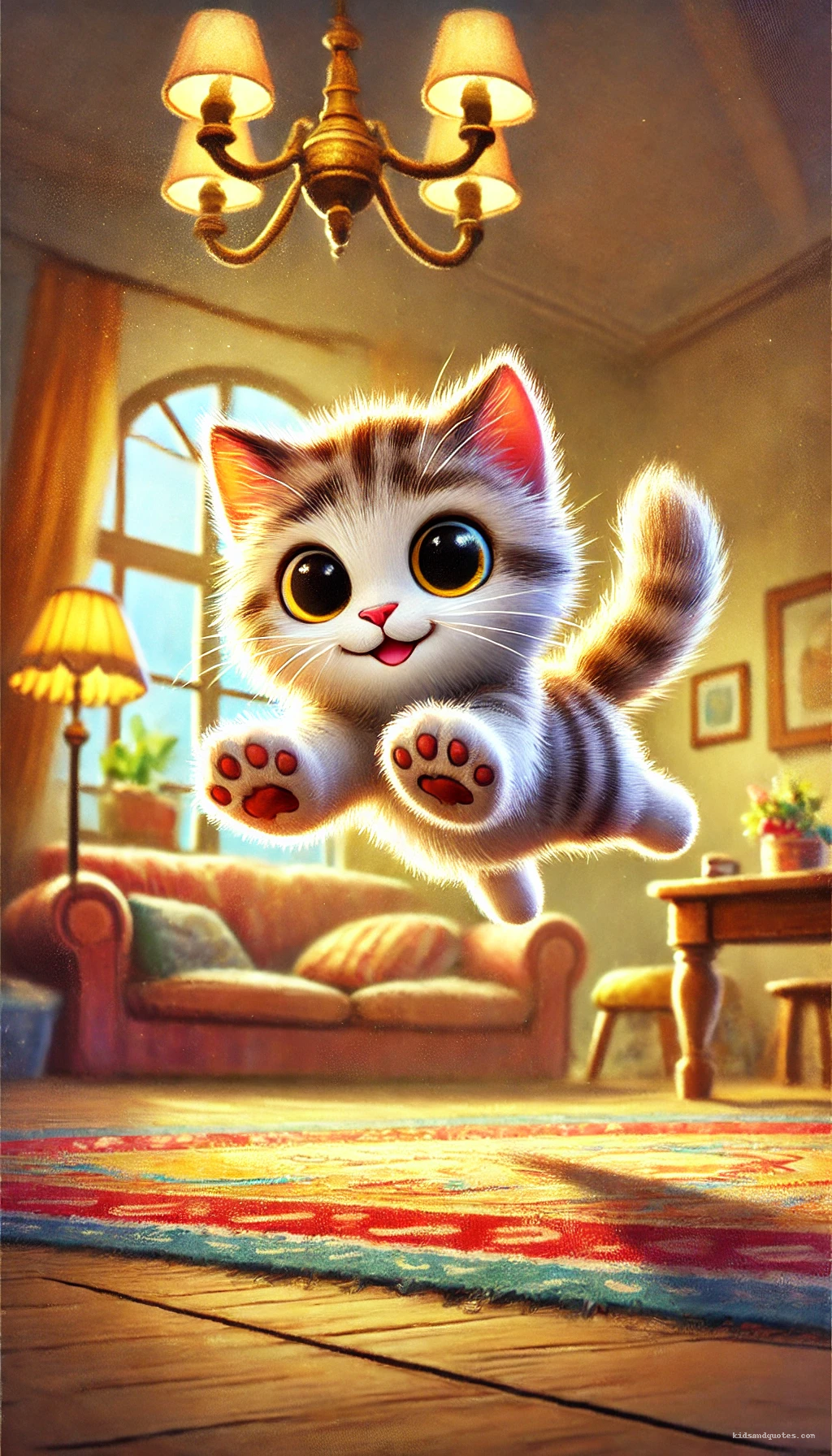 A little cat jumping high in living room.