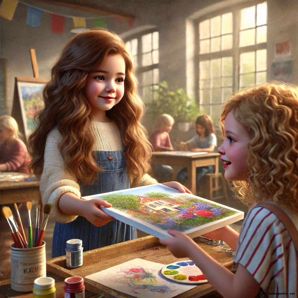 One little girl gifting her friend a painting.