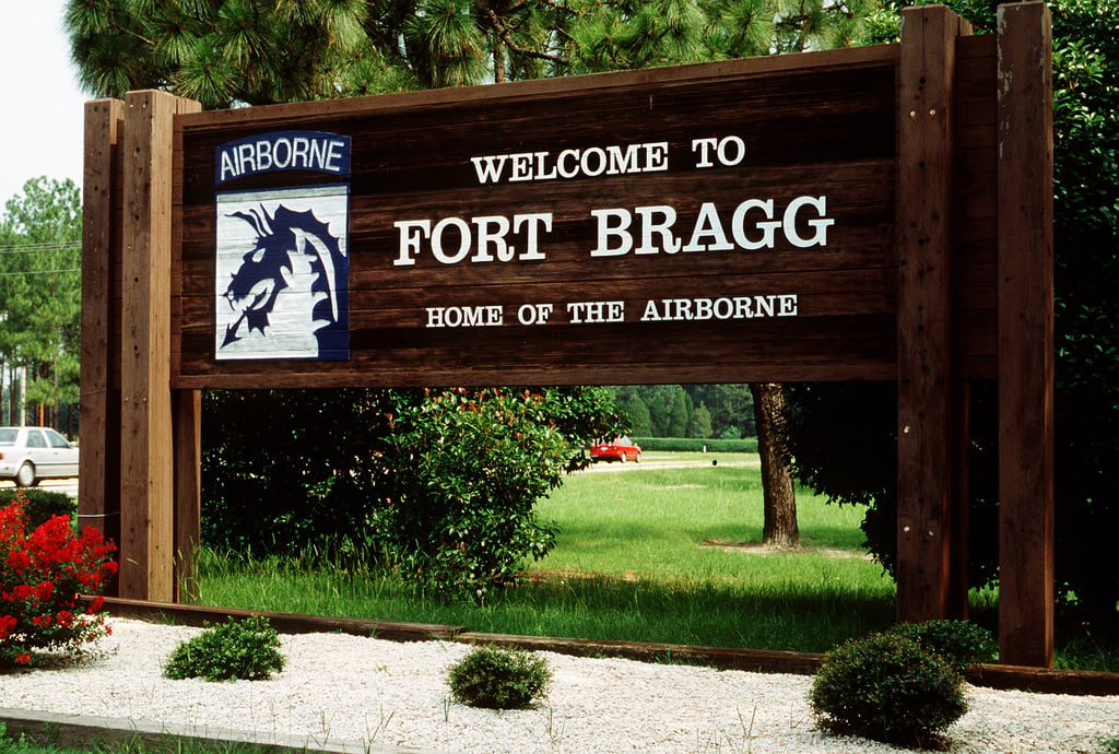 A sign near the front gate of Fort Bragg, North Carolina.