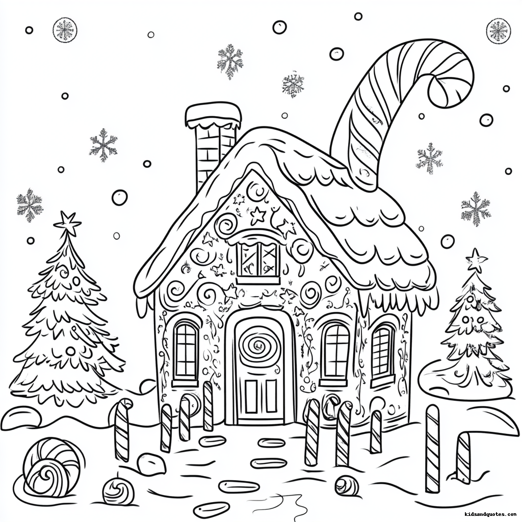 A whimsical gingerbread house coloring page with giant candy cane chimney, swirling peppermint door, and gumdrop pathway.