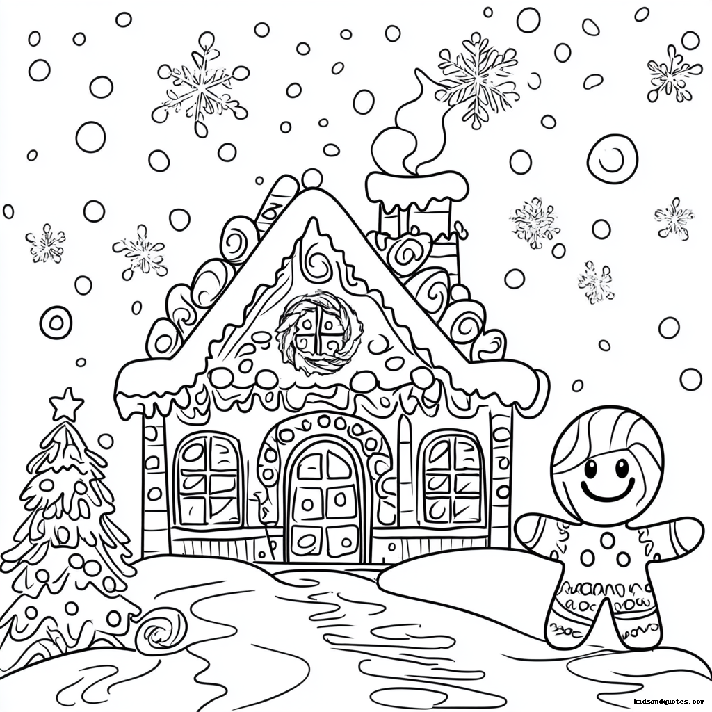 A cheerful gingerbread man waving happily beside a gingerbread house.