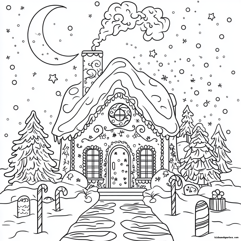 Gingerbread house with snow-covered roof, glowing windows, and a crescent moon shining above.